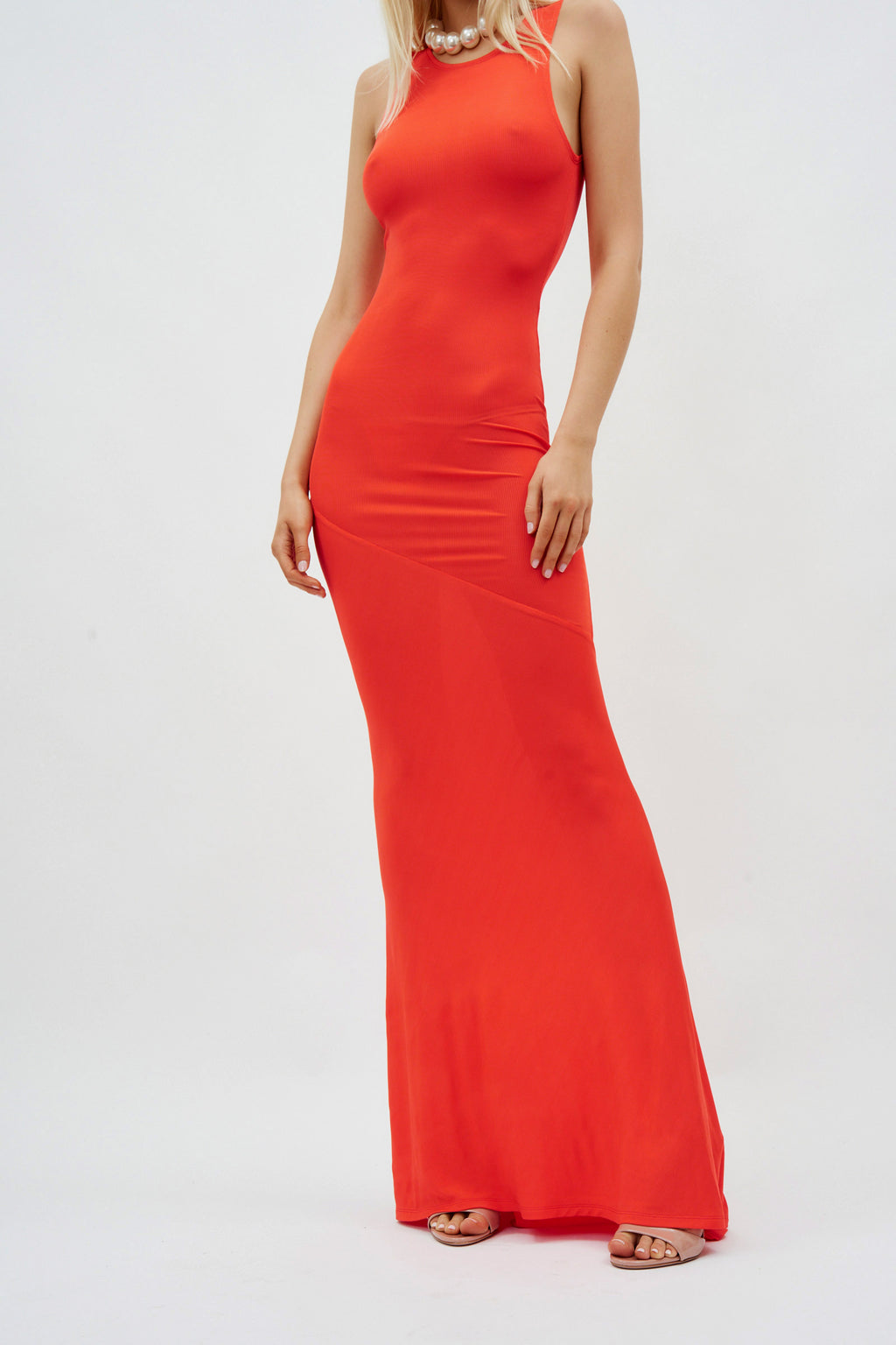 Sleeveless Bias Long Tangerine Red Dress