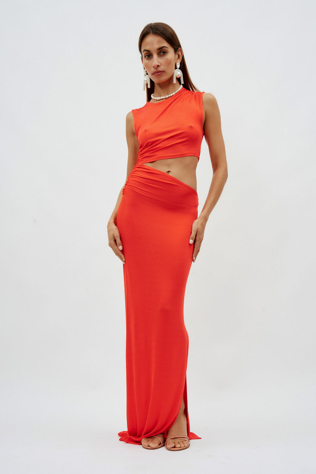 Cut Out Sleeveless Long Ribbed Tangerine Red Dress