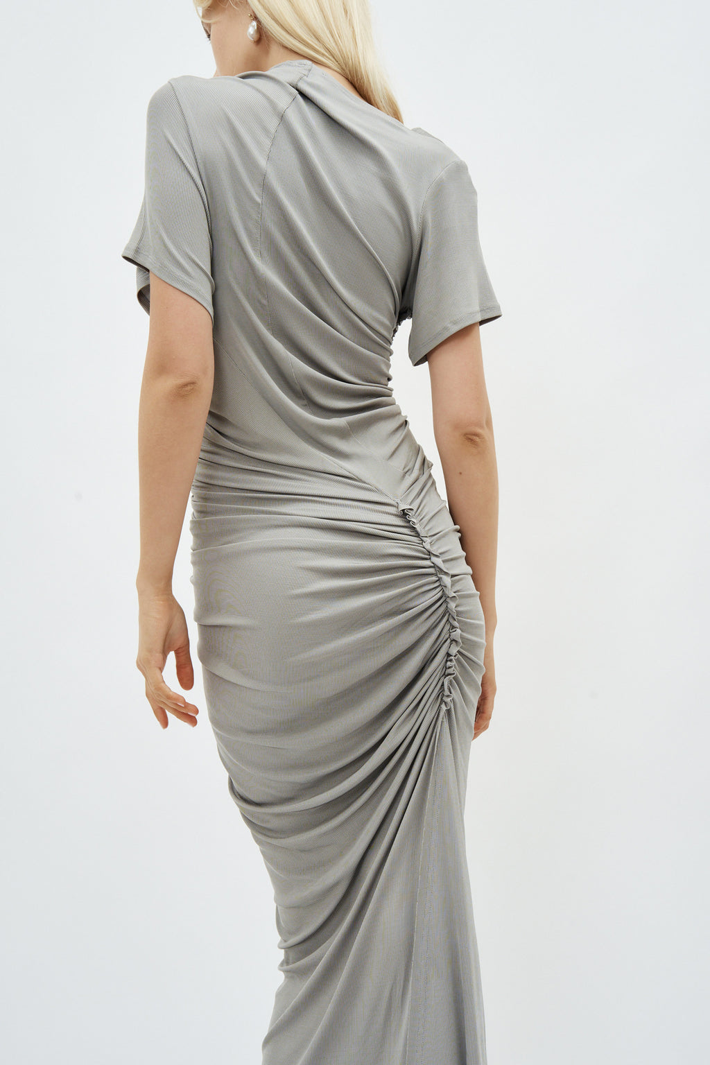 Long Asymmetric Draped Grey Gown