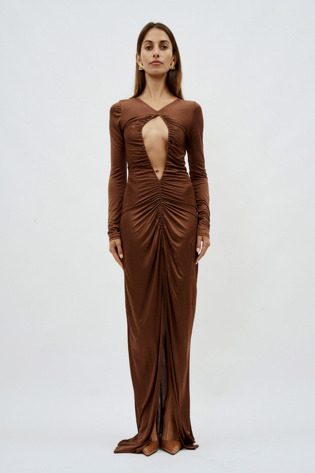 Open Front Ruched Bronze Gown