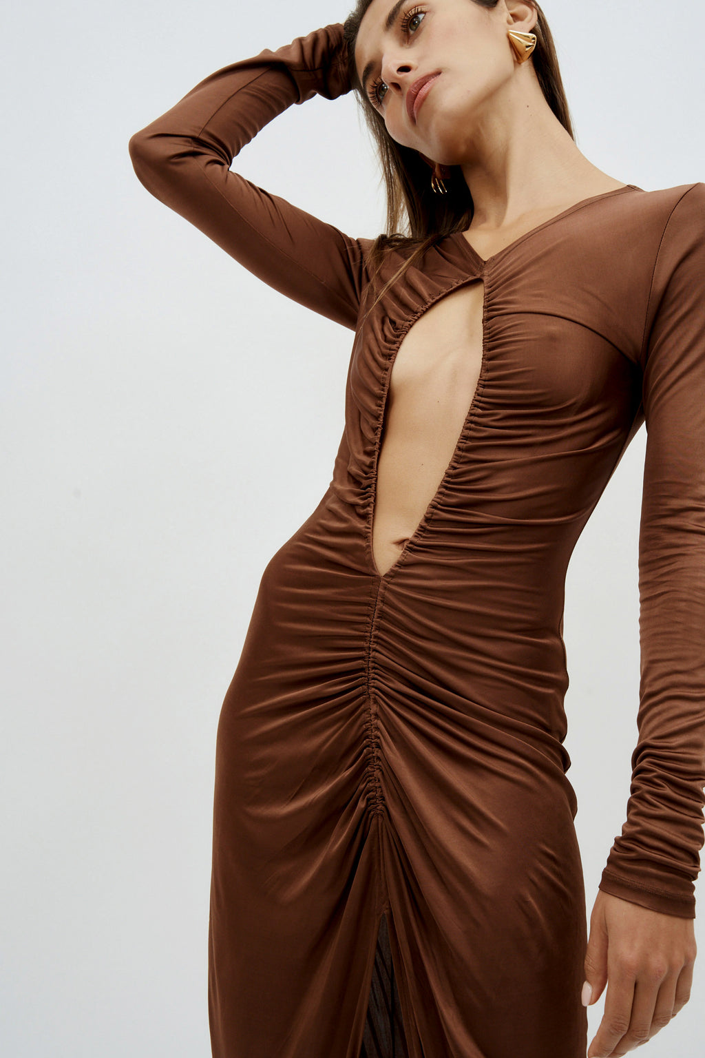 Open Front Ruched Bronze Gown