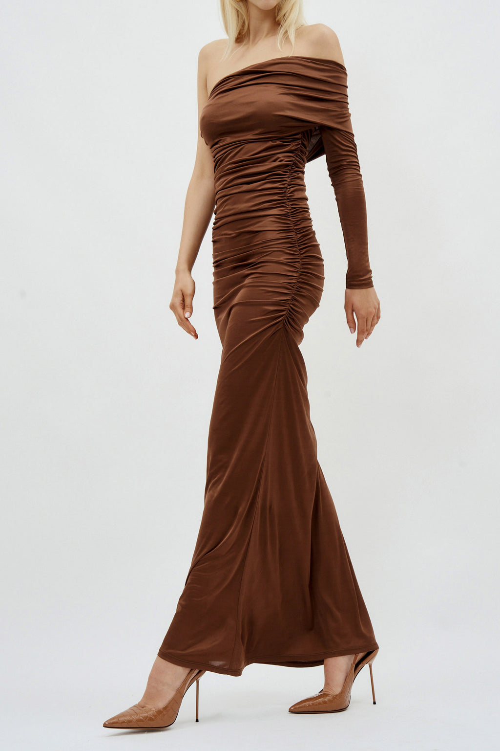 Draped Long Sleeve Bronze Gown