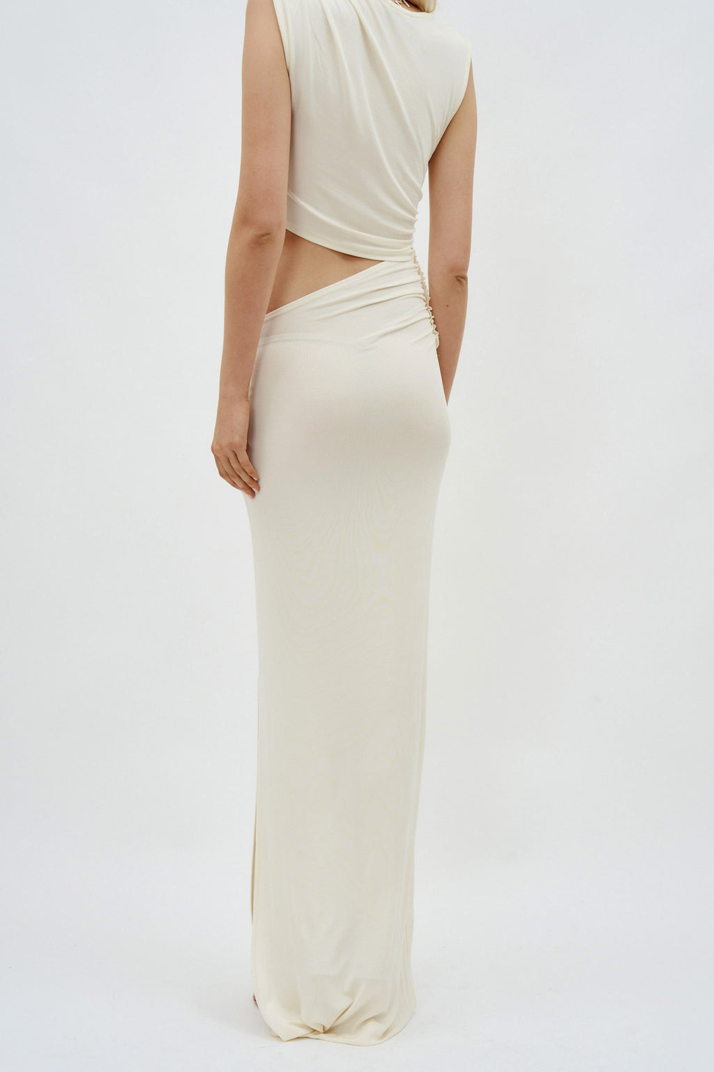 Cut Out Sleeveless Long Ribbed Off White Dress
