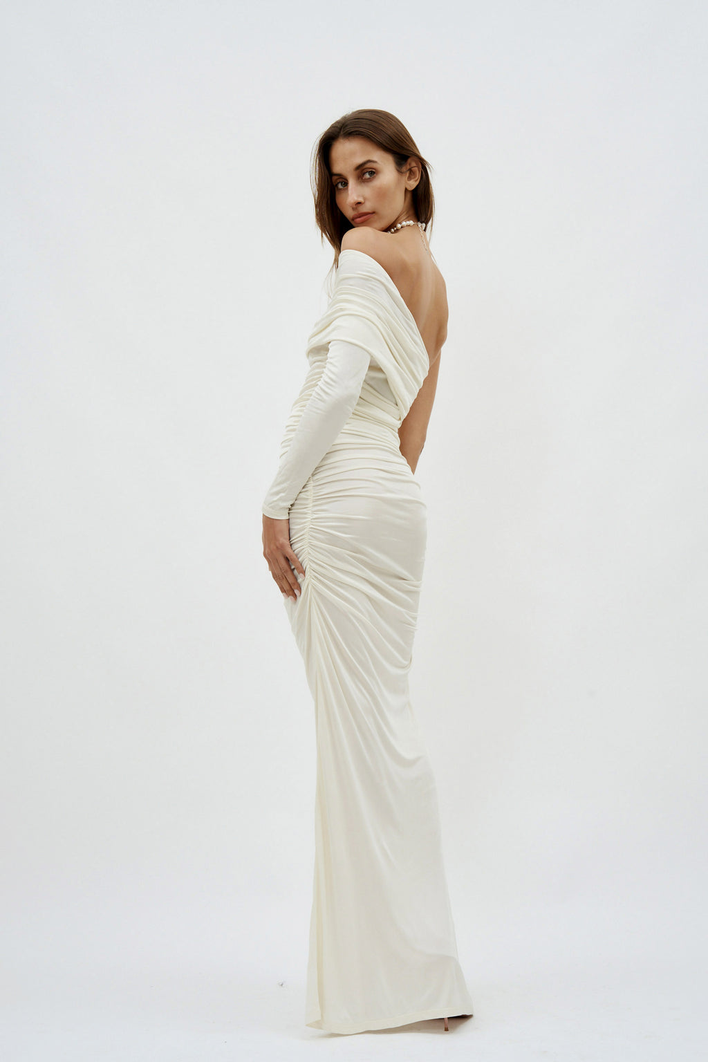 Draped Long Sleeve Off White Gown