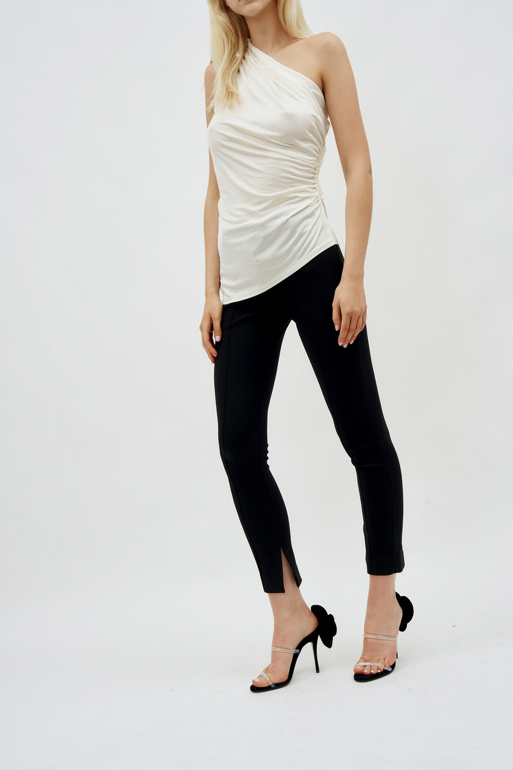 Ruched Asymmetric Off White Top
