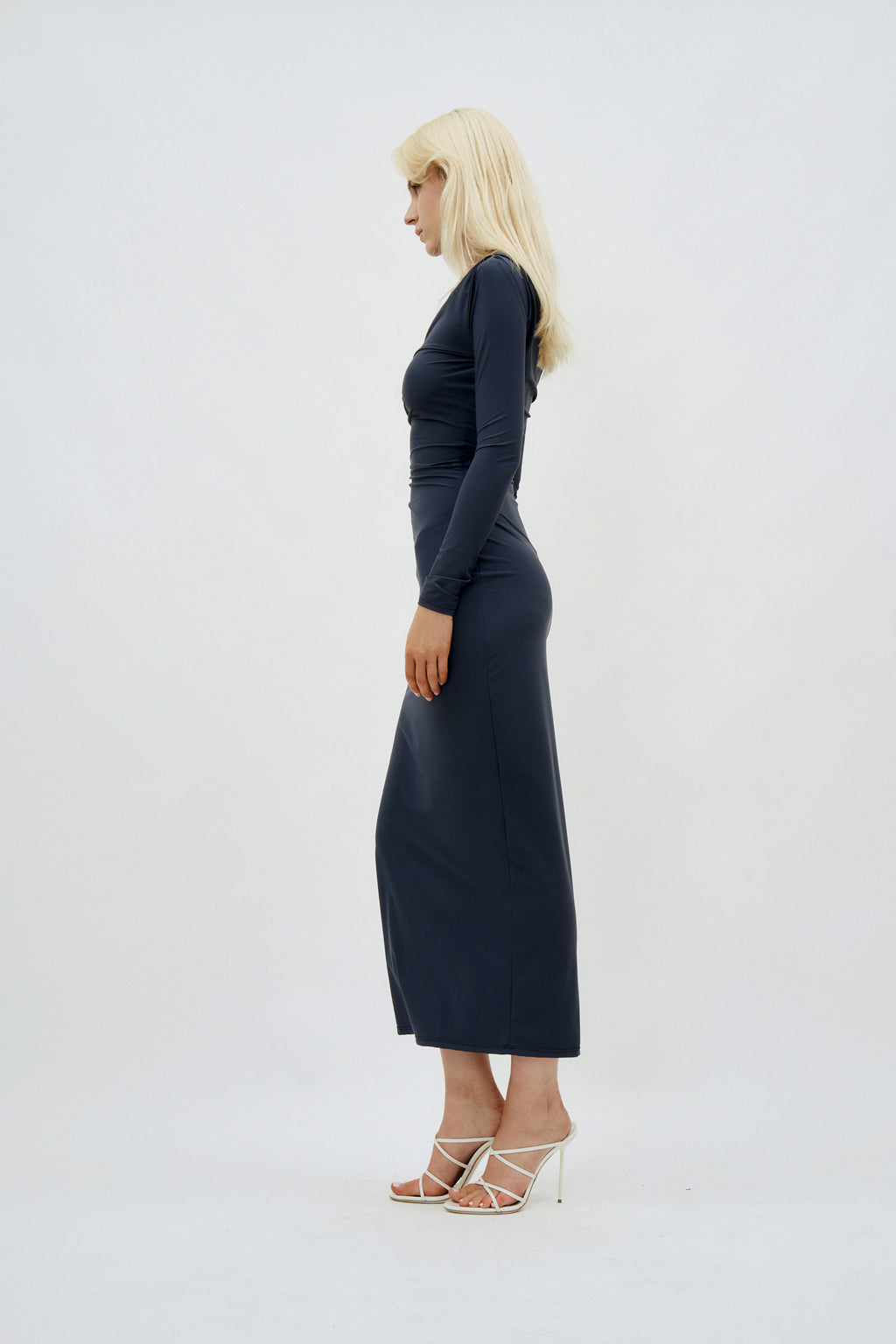 Long Sleeve Ruched Bodycon Anthracite Dress