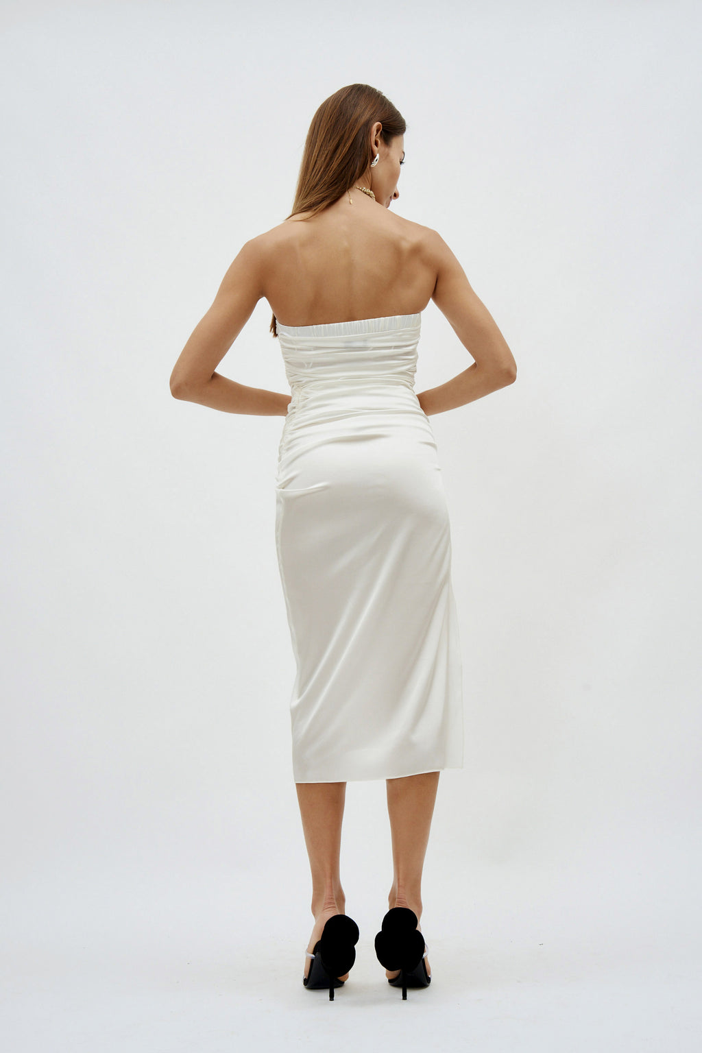 Strapless Ruched White Midi Dress