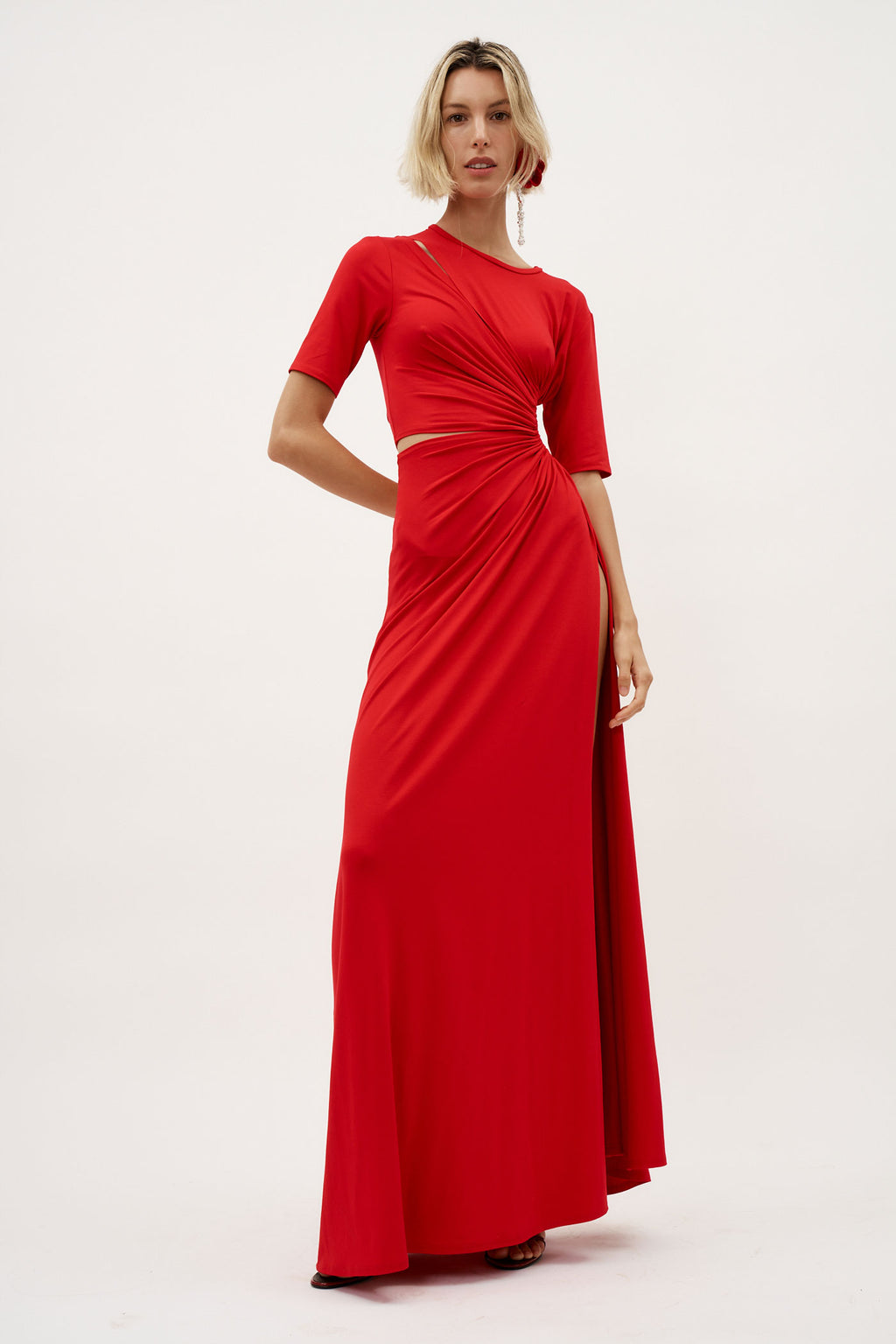 Gathered Slit Red Maxi Dress