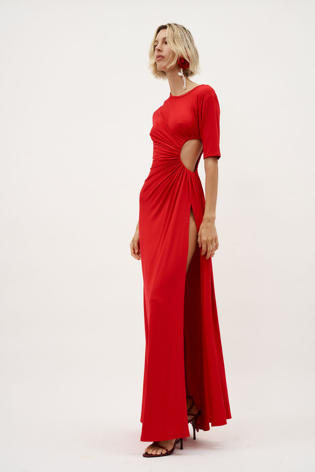 Gathered Slit Red Maxi Dress