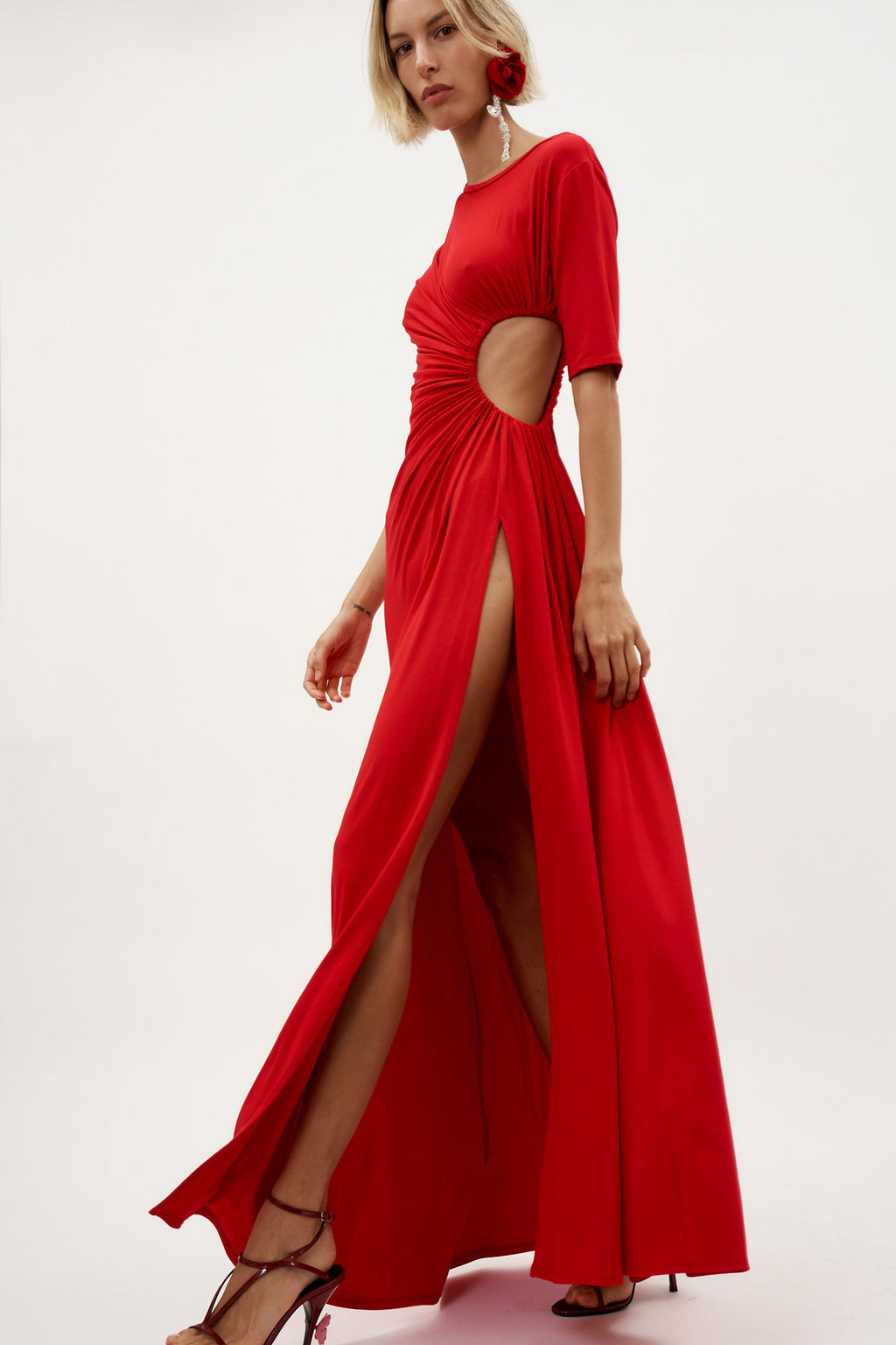 Gathered Slit Red Maxi Dress