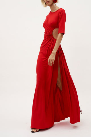 Gathered Slit Red Maxi Dress