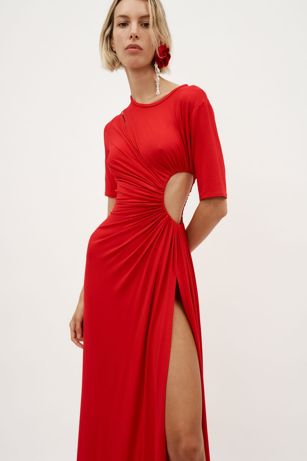 Gathered Slit Red Maxi Dress