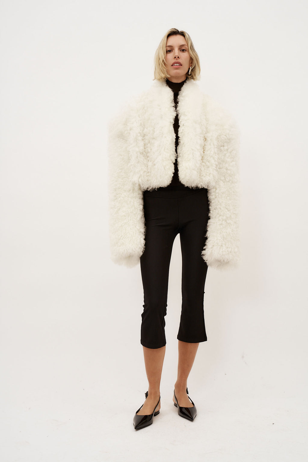 Glen Shearling Cropped White Coat