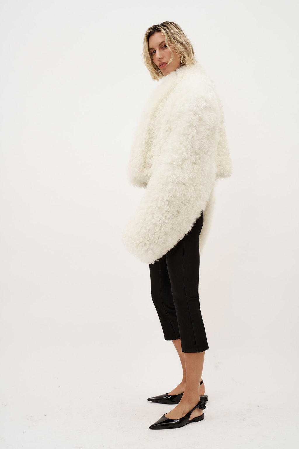 Glen Shearling Cropped White Coat