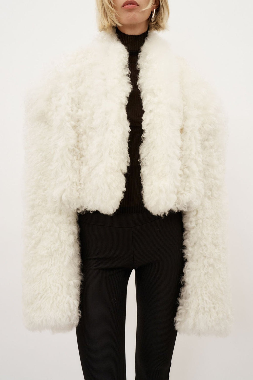 Glen Shearling Cropped White Coat