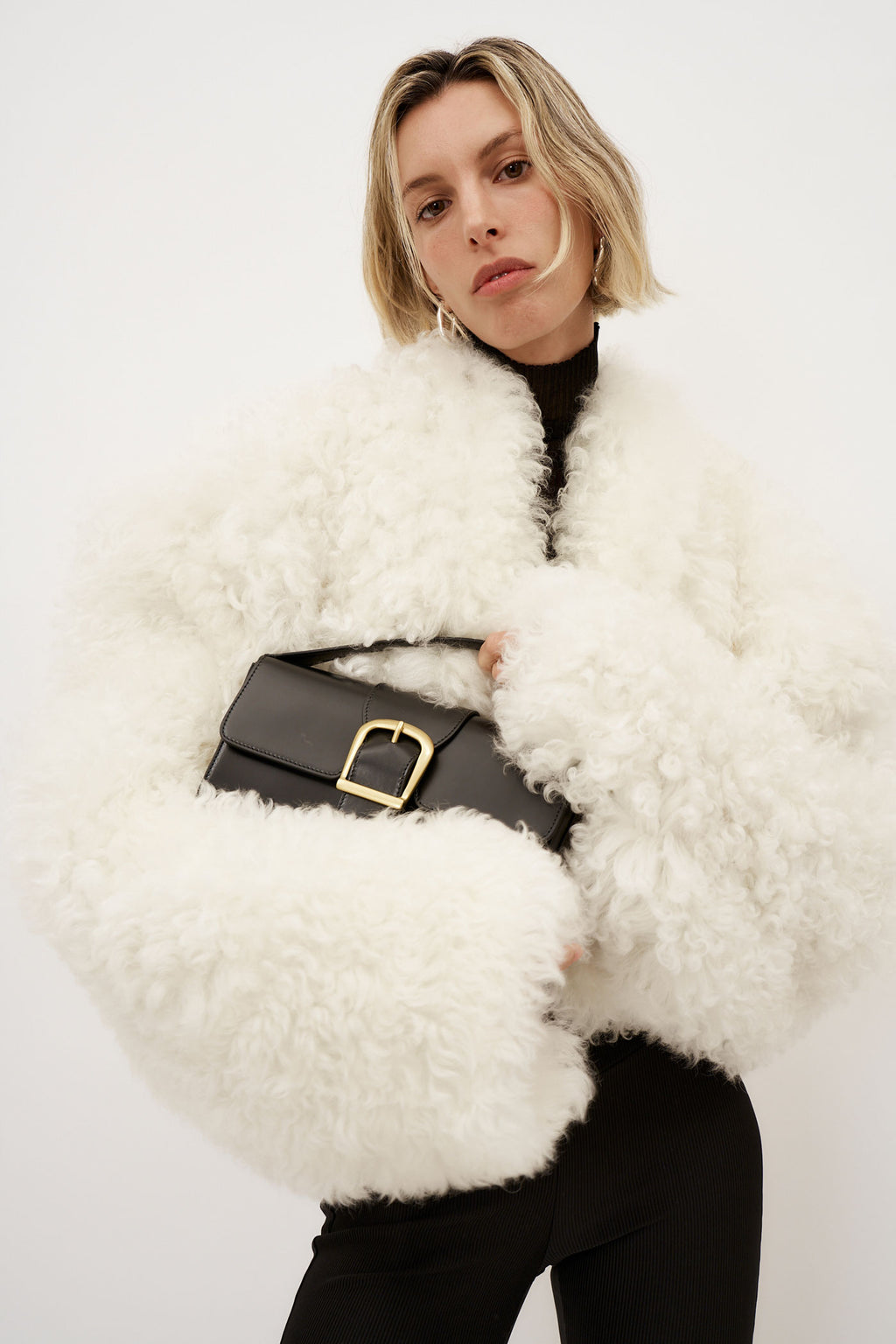 Glen Shearling Cropped White Coat