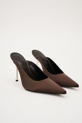 Pointed Toe Satin Brown Mules