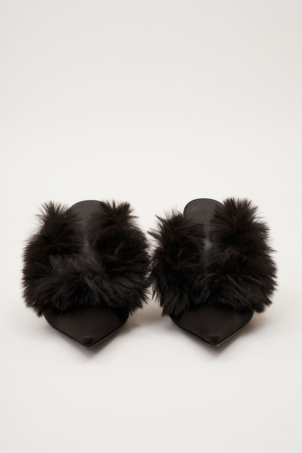 Pointed Toe Faux Fur Satin Black Mules