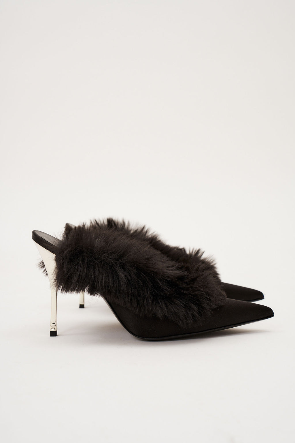 Pointed Toe Faux Fur Satin Black Mules