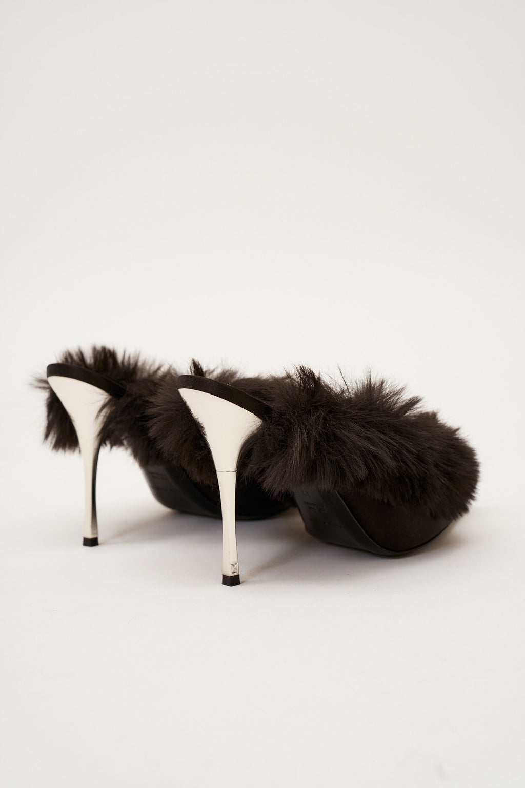 Pointed Toe Faux Fur Satin Black Mules