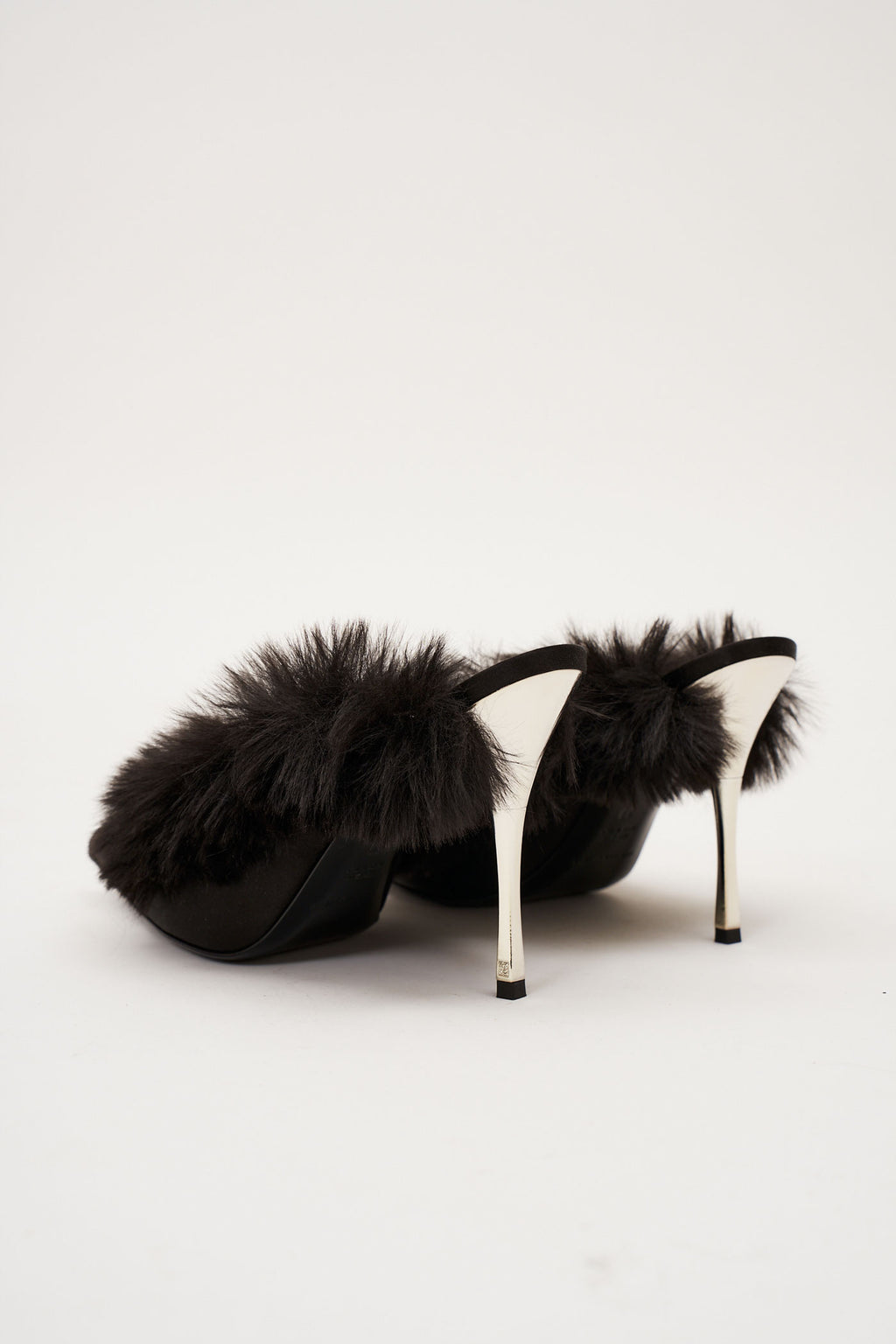 Pointed Toe Faux Fur Satin Black Mules