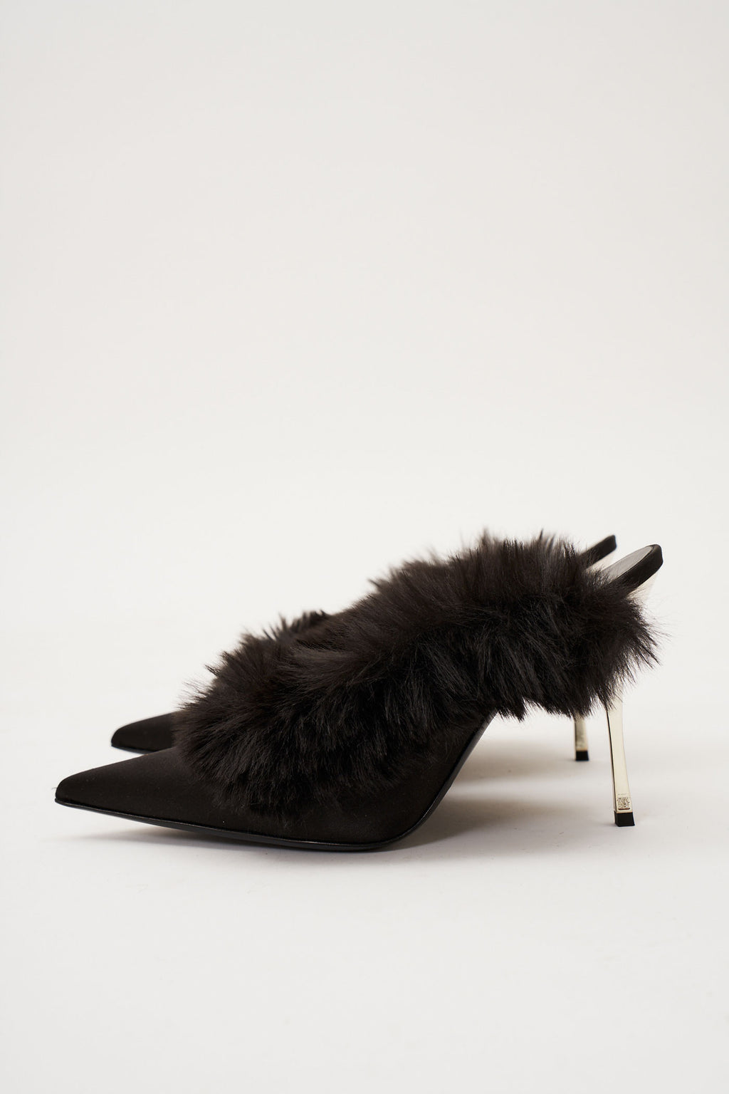 Pointed Toe Faux Fur Satin Black Mules