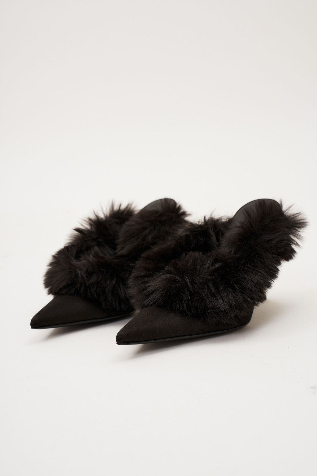 Pointed Toe Faux Fur Satin Black Mules