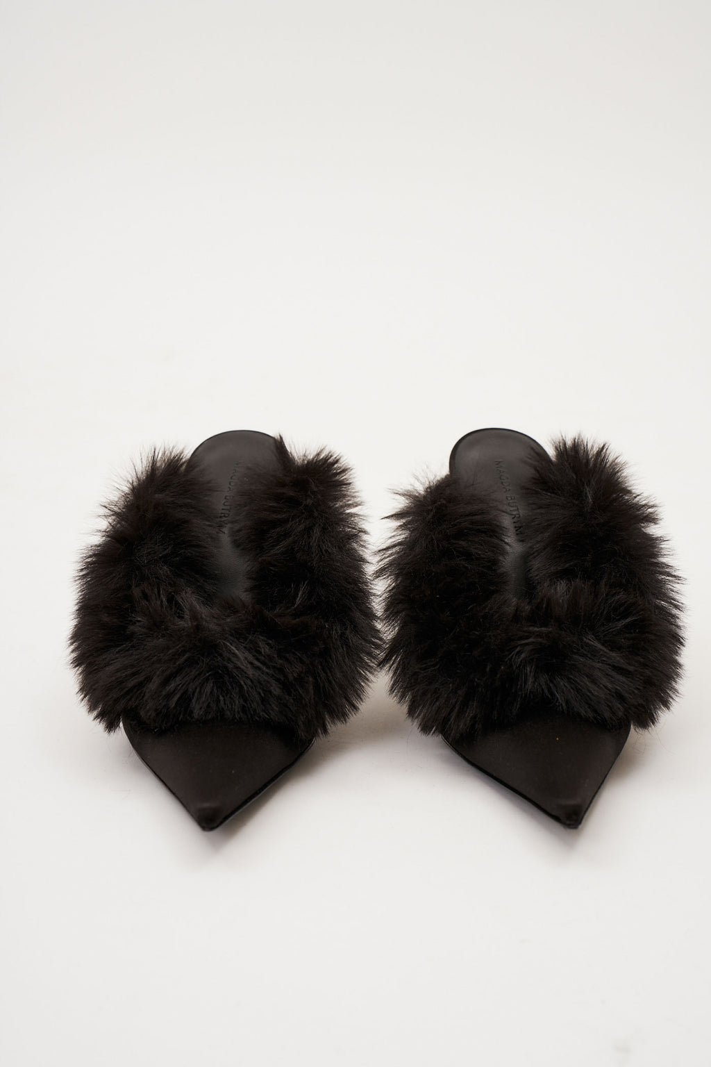 Pointed Toe Faux Fur Satin Black Mules