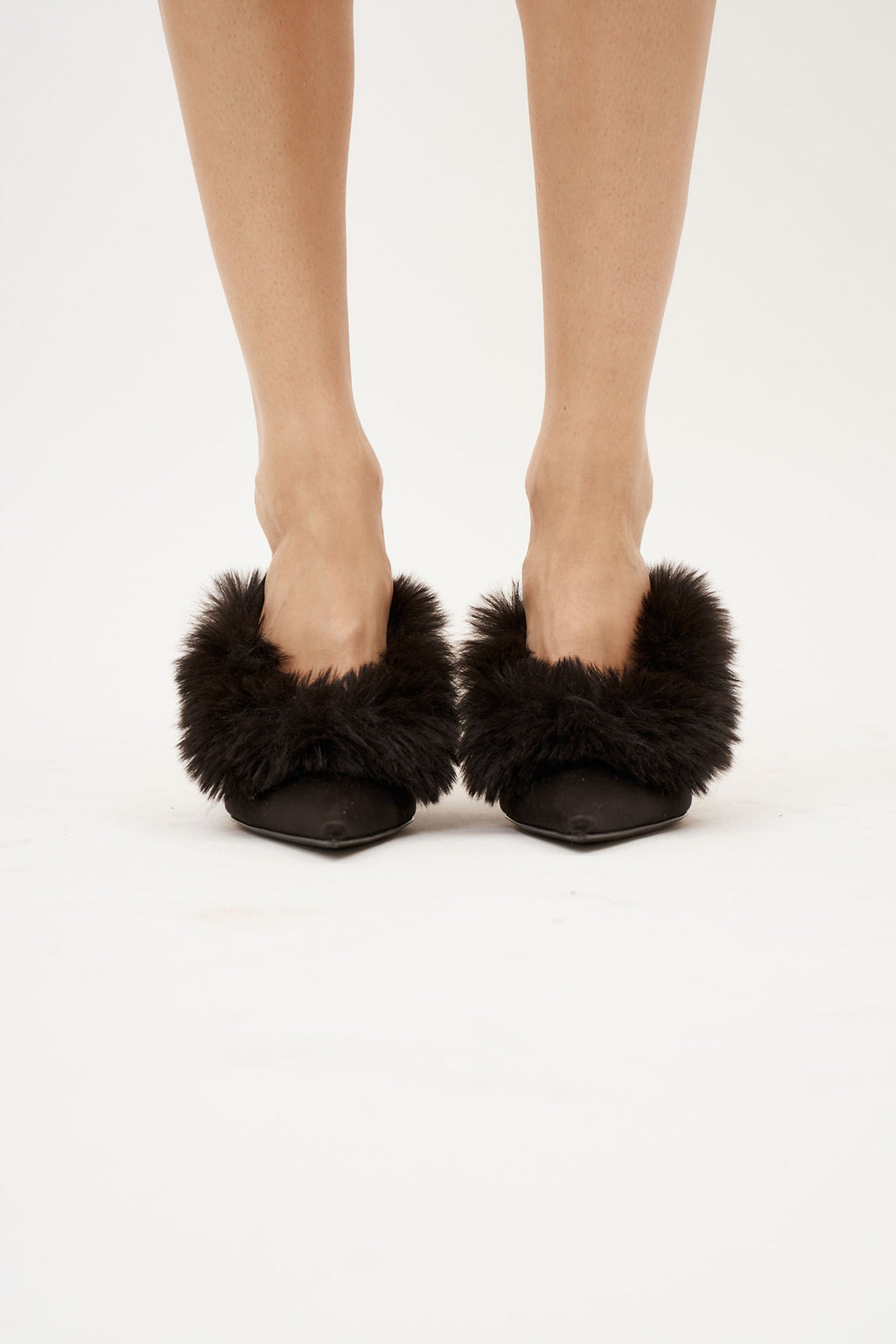 Pointed Toe Faux Fur Satin Black Mules