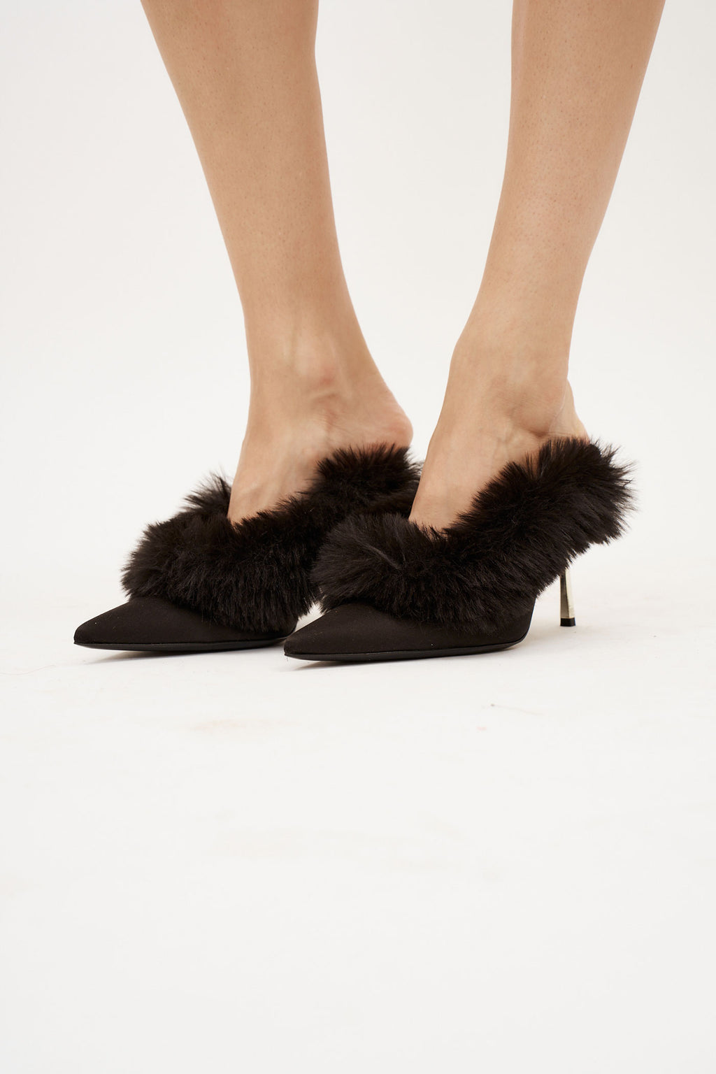 Pointed Toe Faux Fur Satin Black Mules