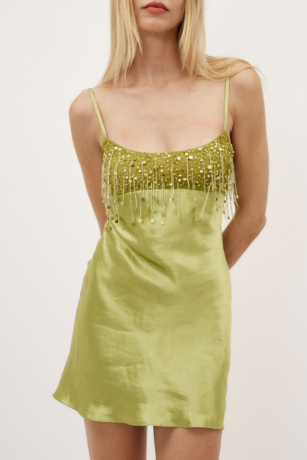 Yasmin Hand Beaded Chartreuse Mini Dress