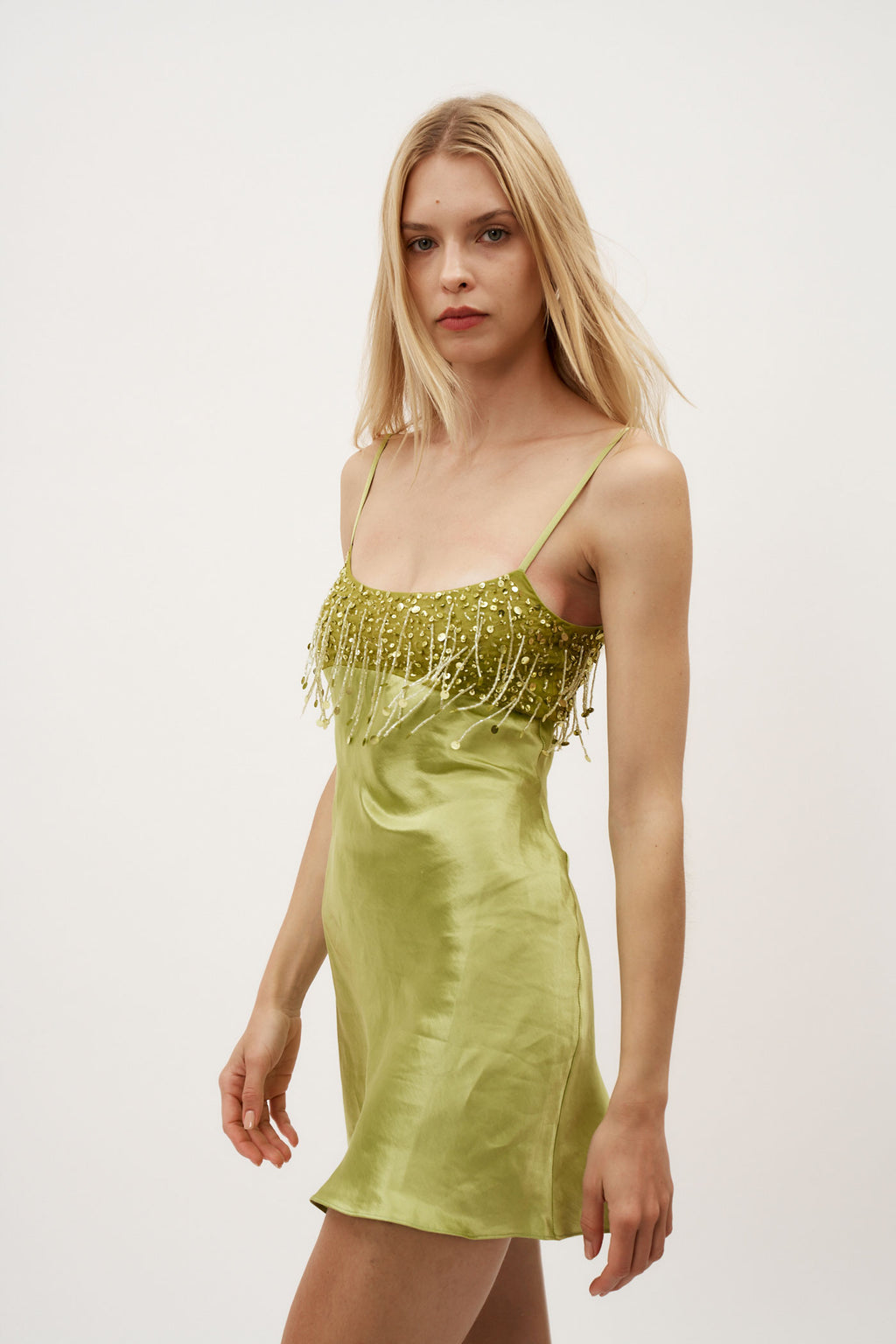 Yasmin Hand Beaded Chartreuse Mini Dress