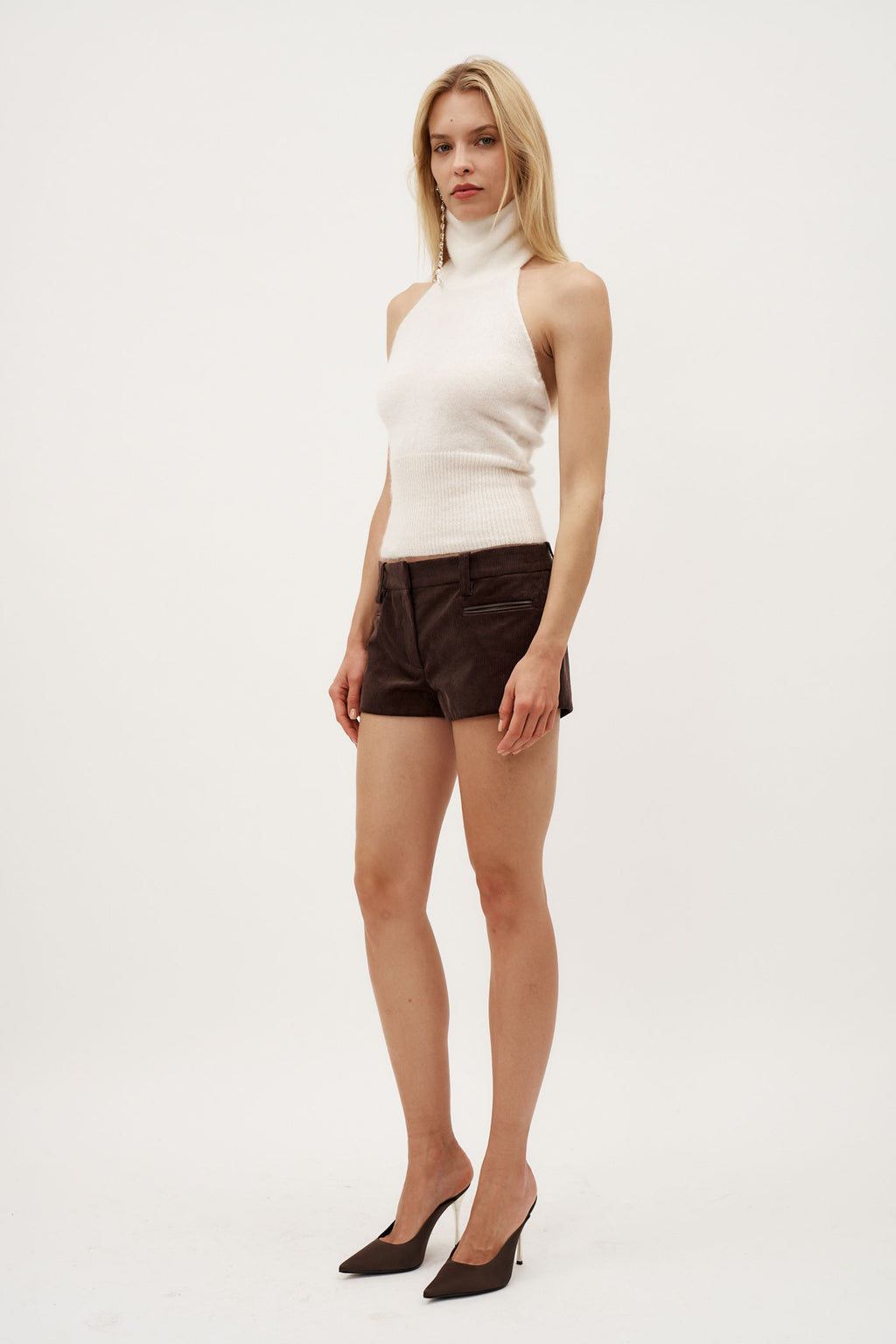 Leather Trim Corduroy Brown Shorts