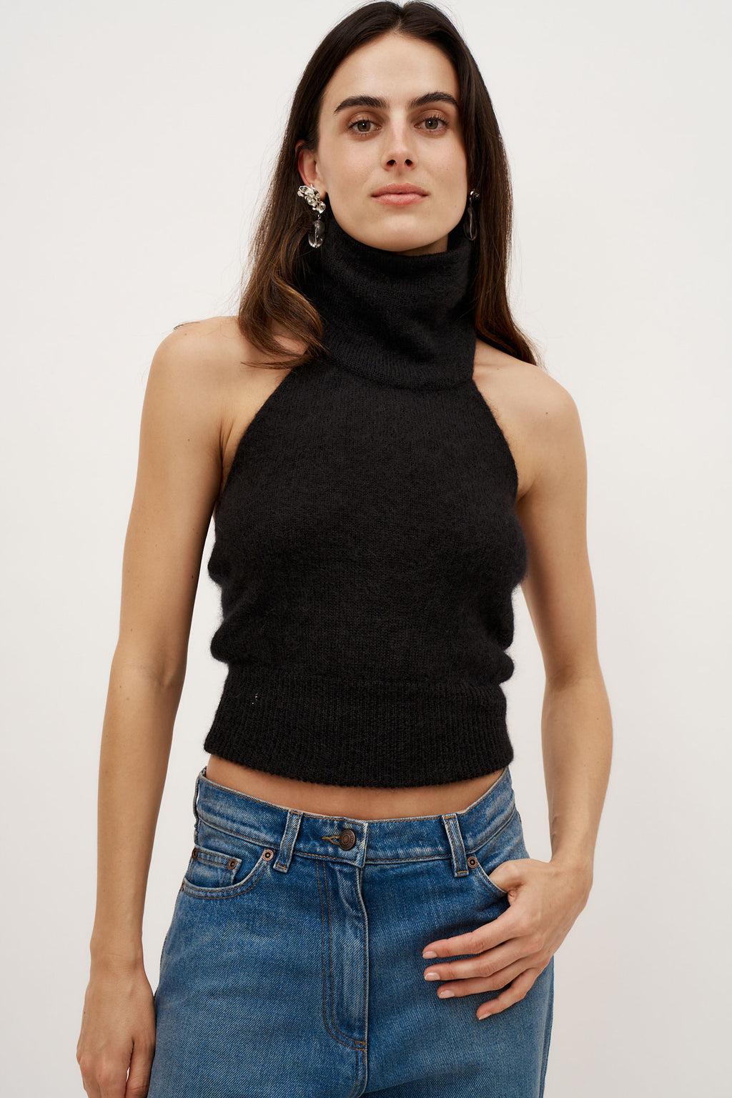 High Neck Halter Black Top