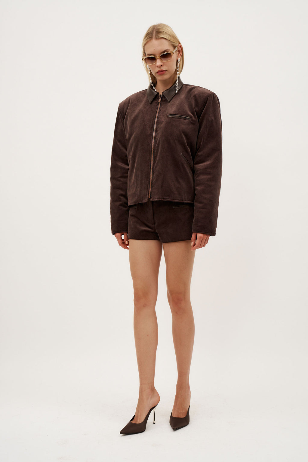 Leather Trim Corduroy Bomber Brown Jacket