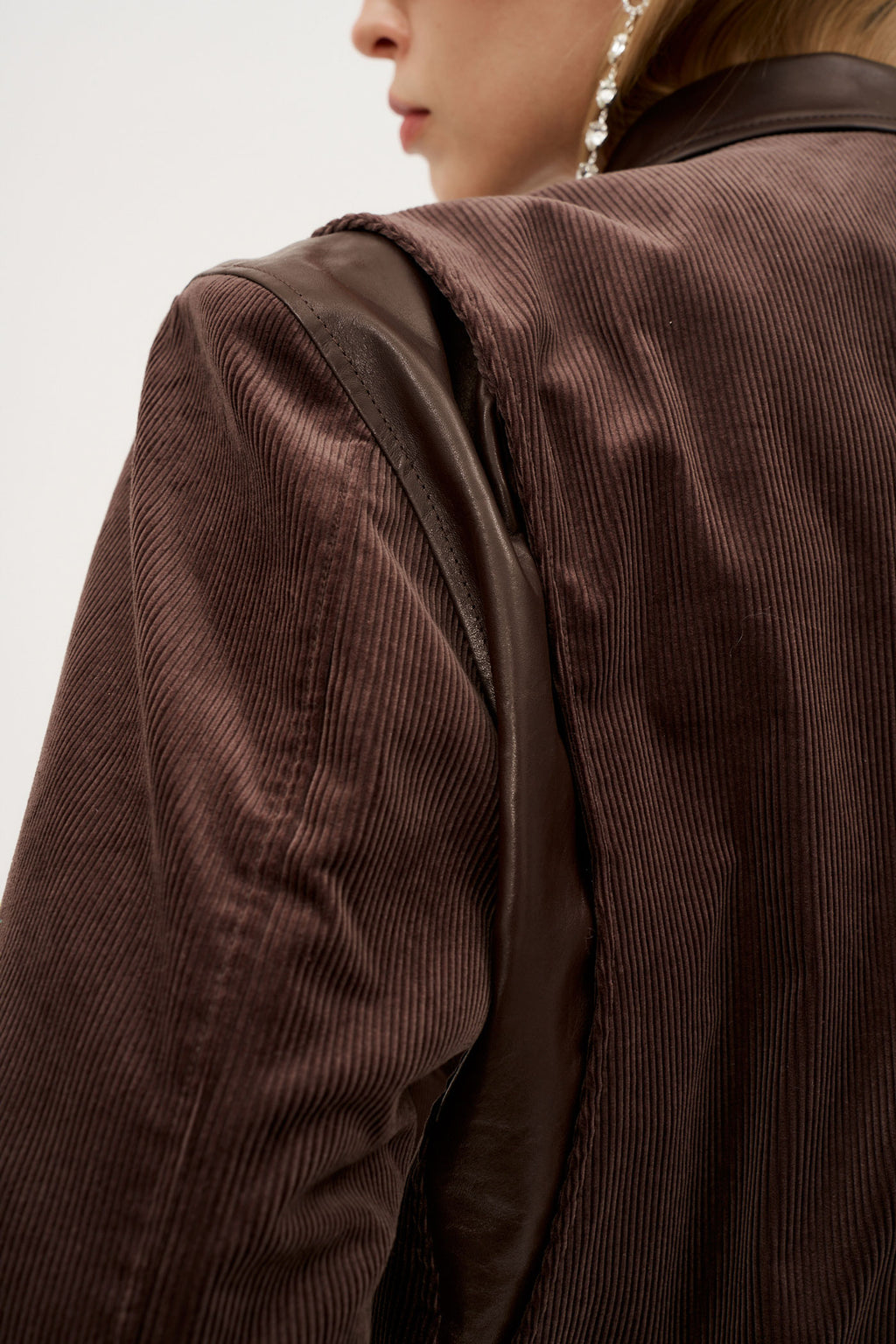 Leather Trim Corduroy Bomber Brown Jacket