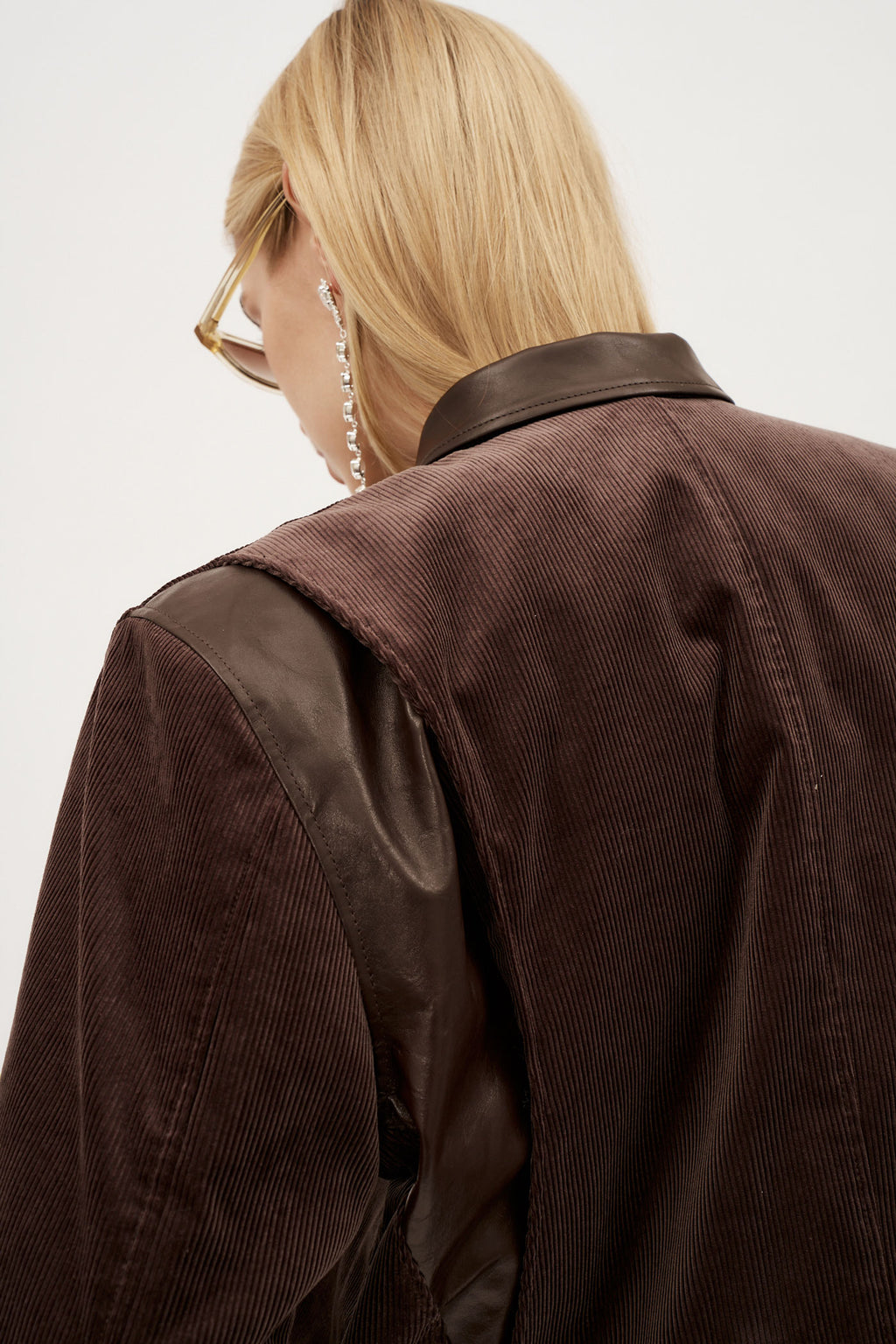 Leather Trim Corduroy Bomber Brown Jacket