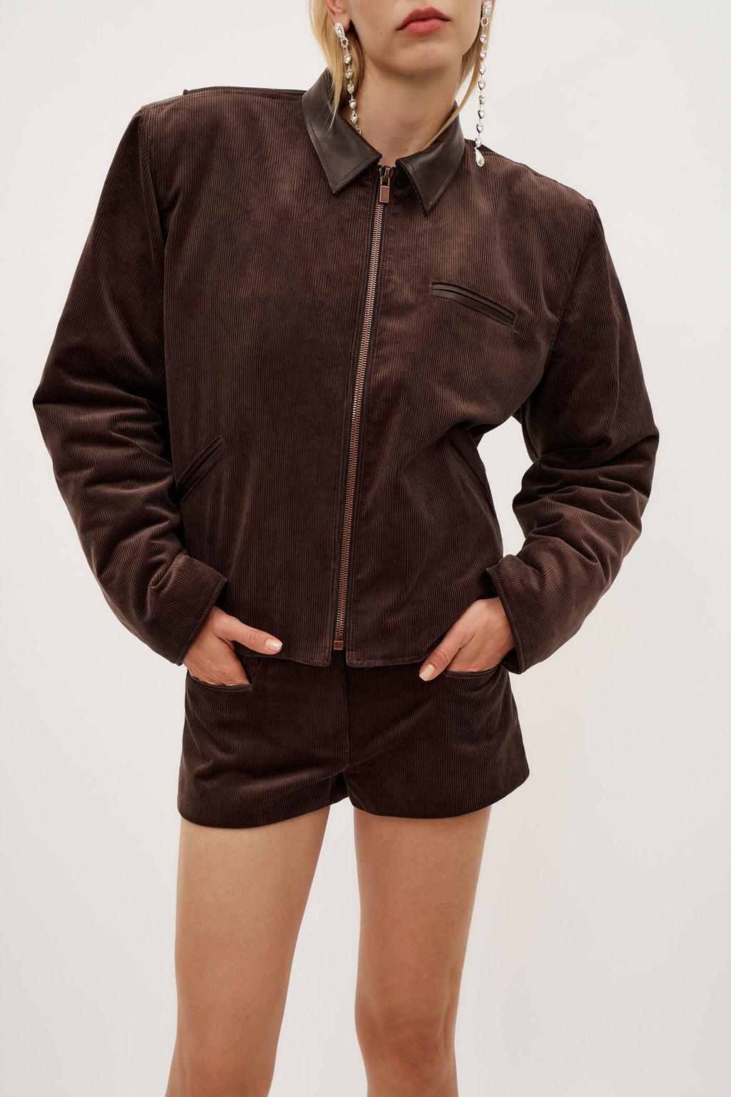 Leather Trim Corduroy Bomber Brown Jacket