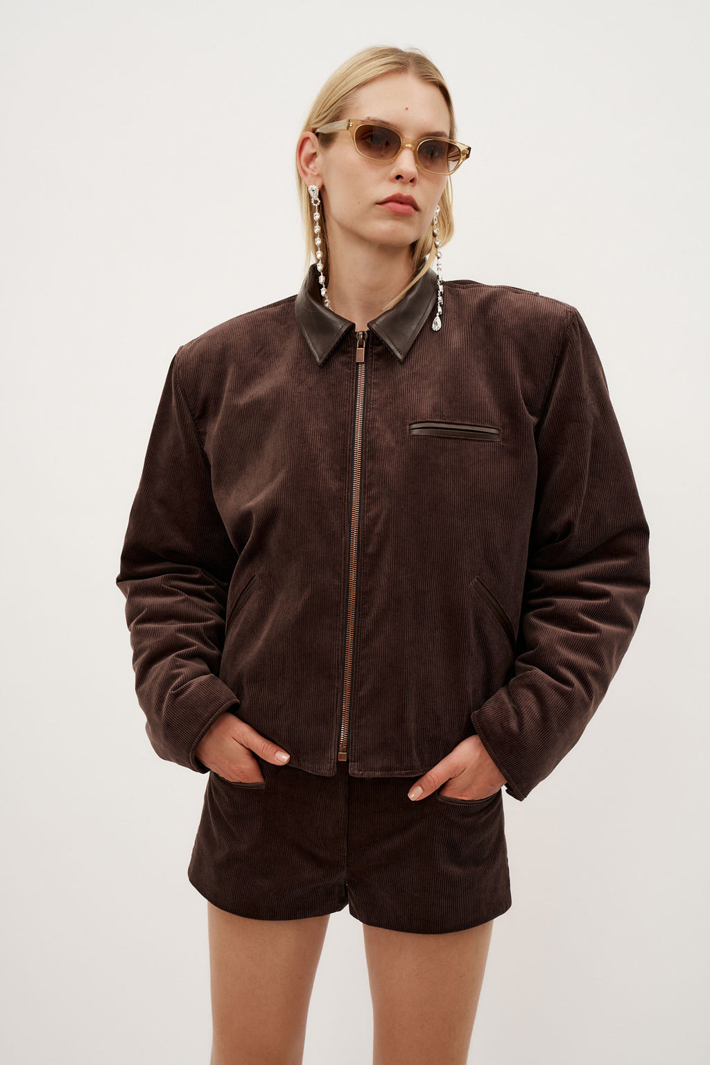 Leather Trim Corduroy Bomber Brown Jacket