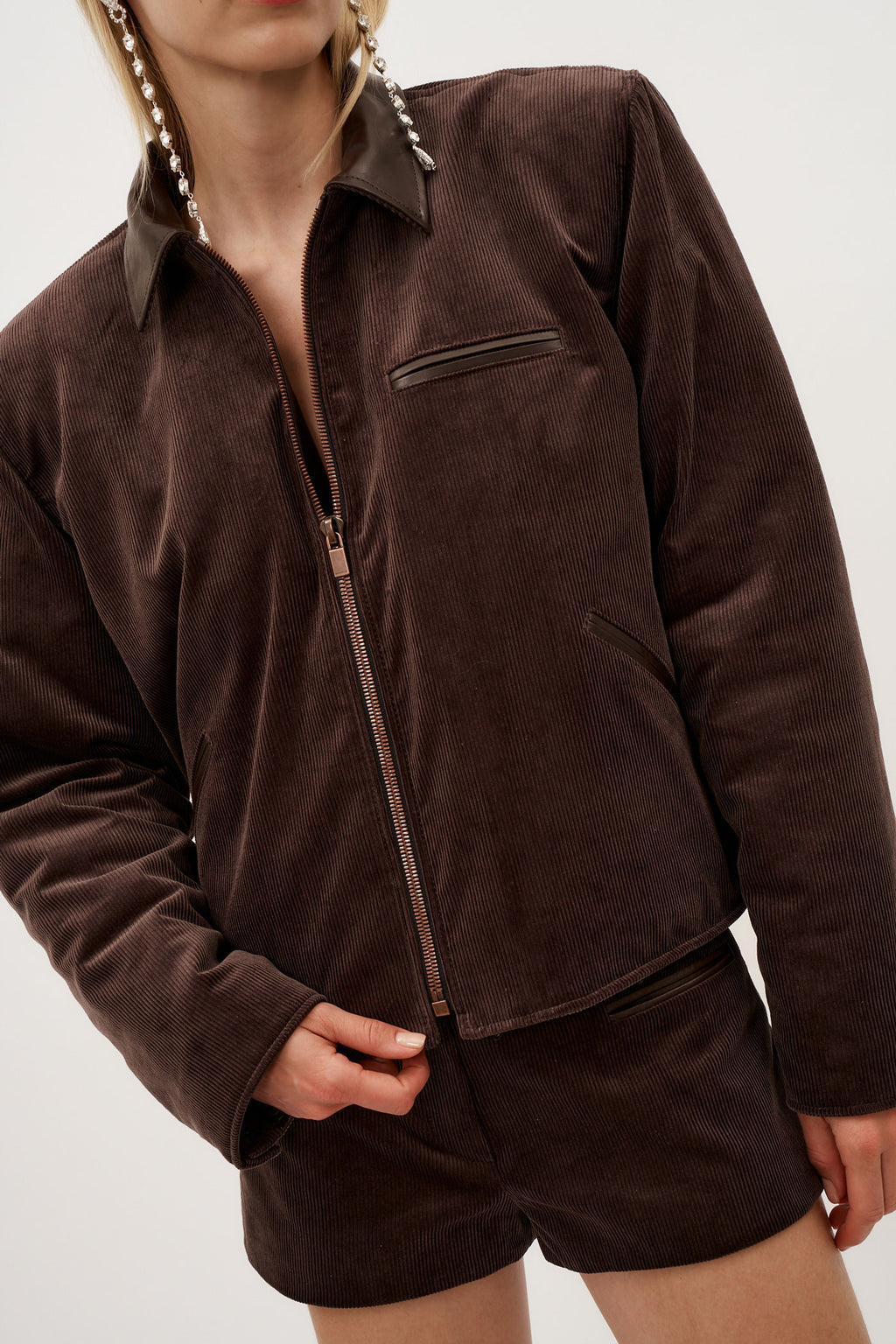 Leather Trim Corduroy Bomber Brown Jacket