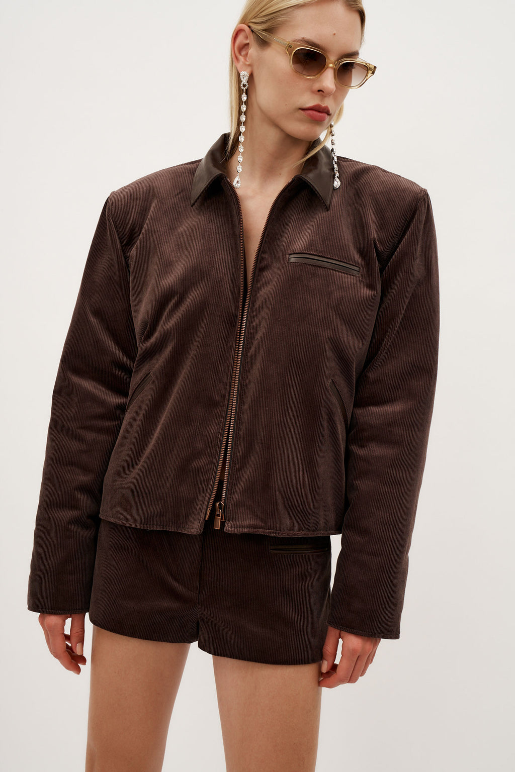 Leather Trim Corduroy Bomber Brown Jacket