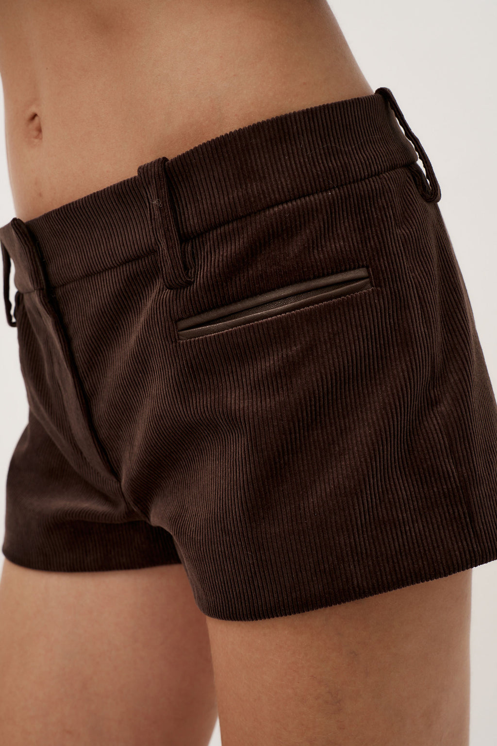 Leather Trim Corduroy Brown Shorts