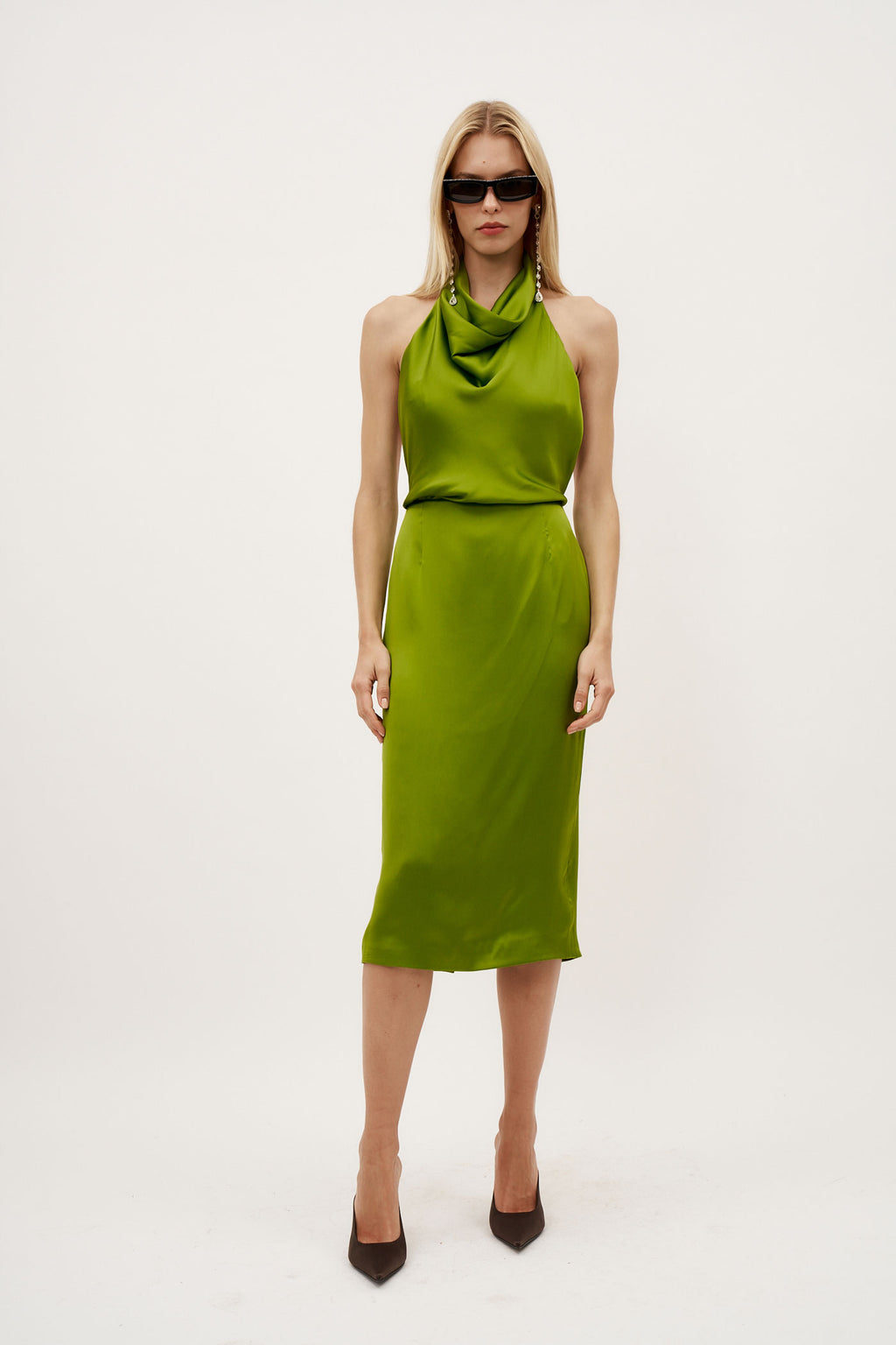 Cowl Neck Silk Slip Green Dress