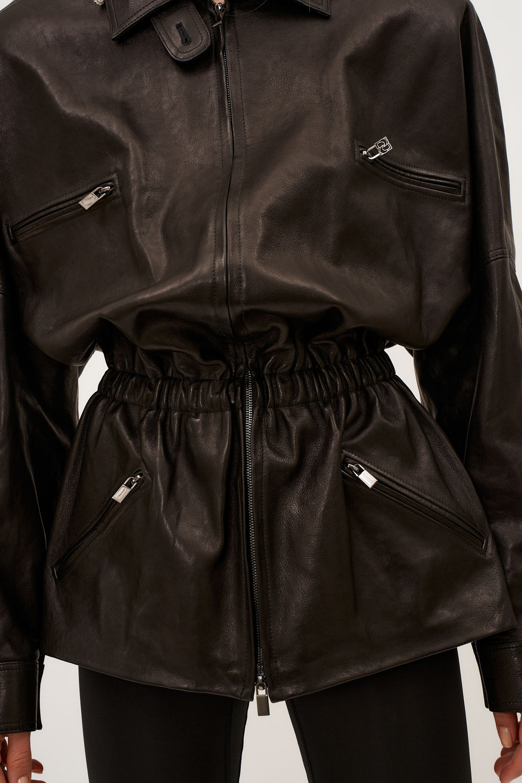 Cinched Leather Black Jacket