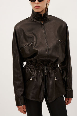 Cinched Leather Black Jacket