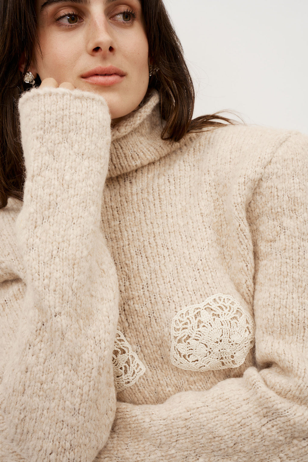 Lace Bra Cashmere Turtleneck Beige Sweater