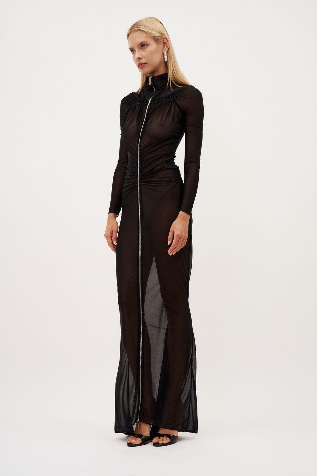 Zip Detail Hooded Ruched Black Gown