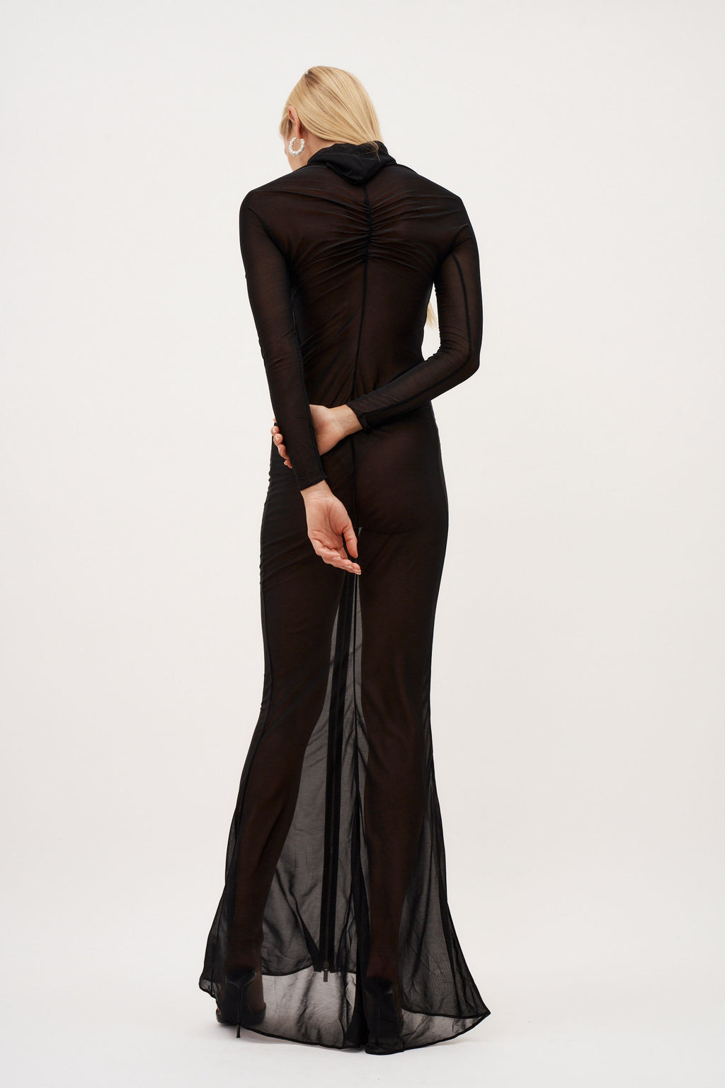 Zip Detail Hooded Ruched Black Gown