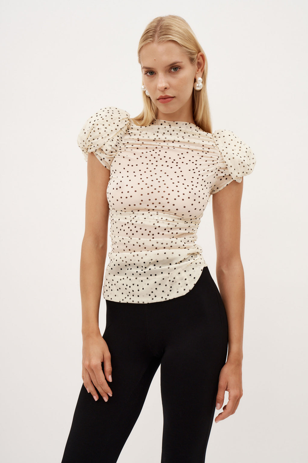 Puff Sleeve Ruched Cream Dots Blouse