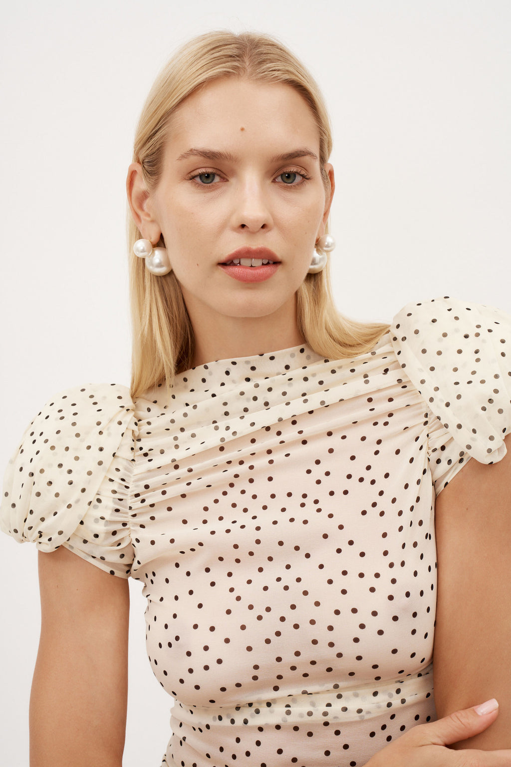 Puff Sleeve Ruched Cream Dots Blouse